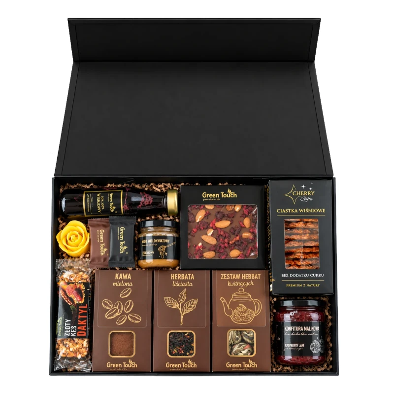 Skrzynka prezentowa deluxe z kawą, herbatami kwitnącymi, słodyczami i świecą z dedykacją