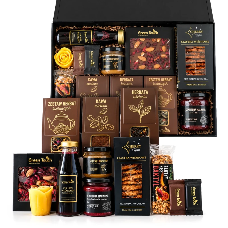 Skrzynka prezentowa deluxe z kawą, herbatami kwitnącymi, słodyczami i świecą z dedykacją