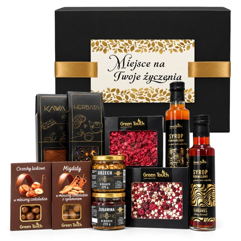 Skrzynka prezentowa deluxe z herbatą, kawą i czekoladami — prezent z Twoją dedykacją