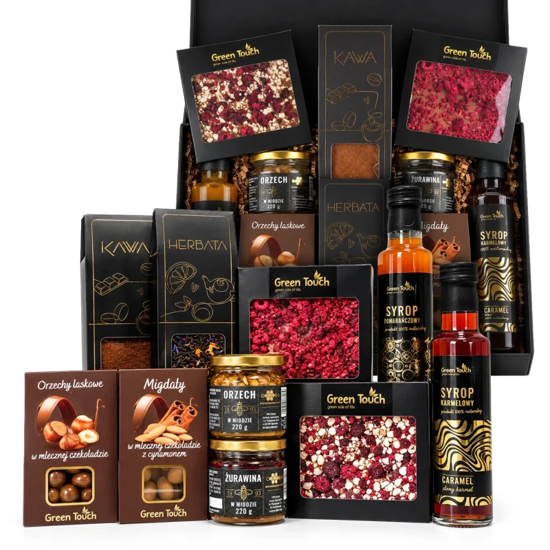 Skrzynka prezentowa deluxe z herbatą, kawą i czekoladami — prezent z Twoją dedykacją