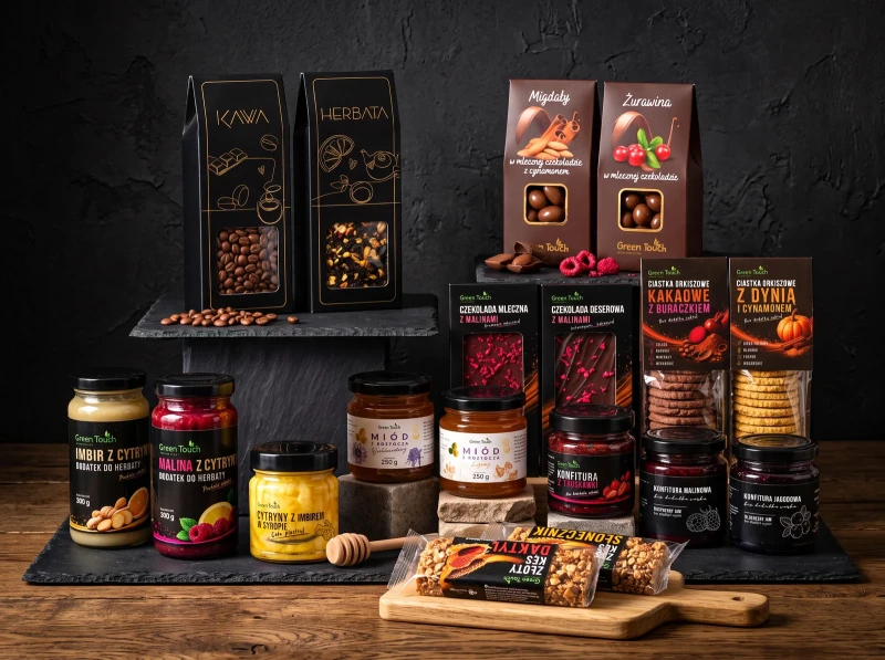 Duża skrzynka prezentowa premium z kawą, herbatą, miodami i słodyczami — z dedykacją