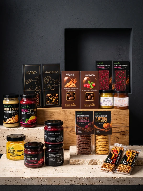 Duża skrzynka prezentowa premium z kawą, herbatą, miodami i słodyczami — z dedykacją