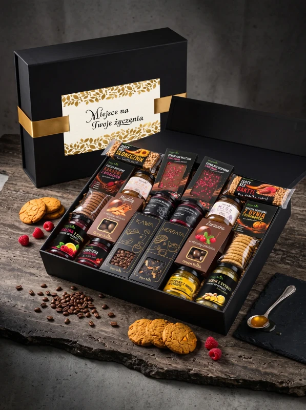 Duża skrzynka prezentowa premium z kawą, herbatą, miodami i słodyczami — z dedykacją