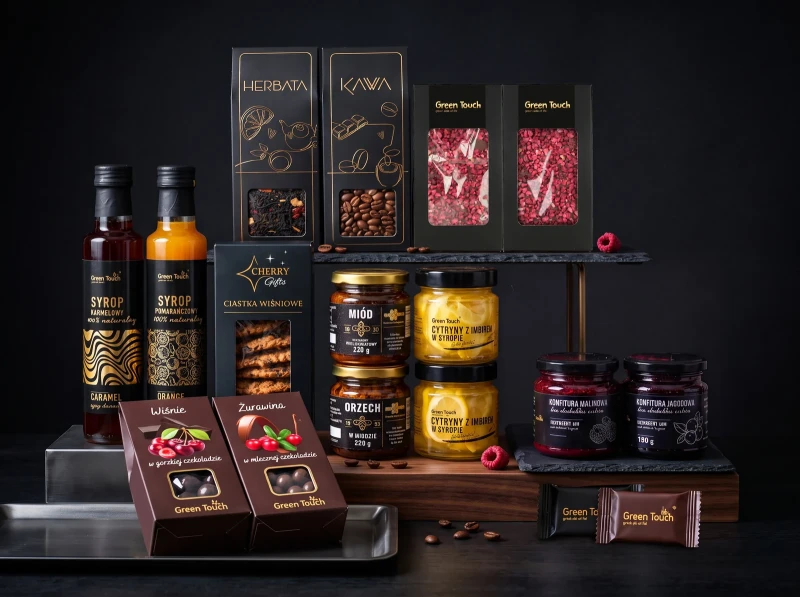 Duża skrzynka prezentowa premium z kawą, herbatą, syropami i słodyczami z dedykacją