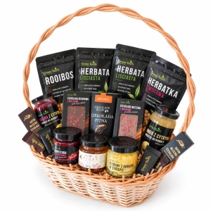 Kosz prezentowy deluxe z herbatami, czekoladami, miodem i przetworami