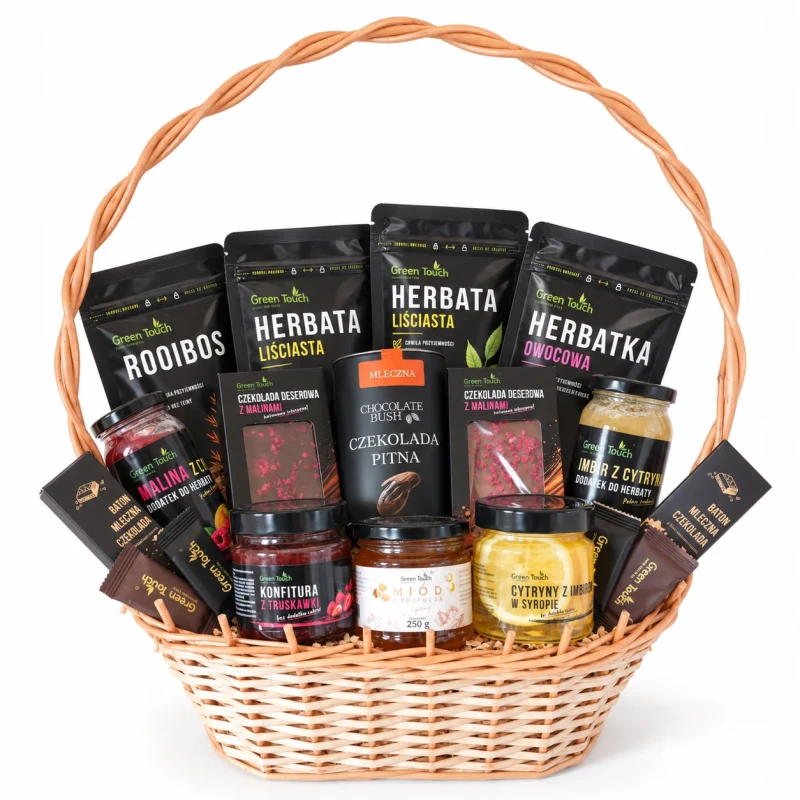 Kosz prezentowy deluxe z herbatami, czekoladami, miodem i przetworami