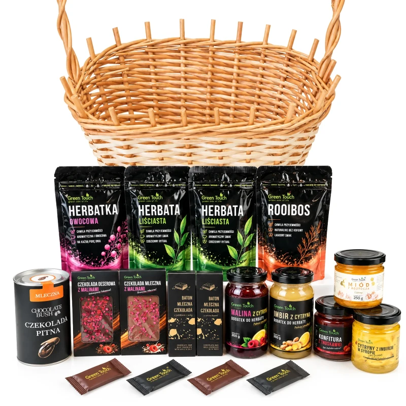 Kosz prezentowy deluxe z herbatami, czekoladami, miodem i przetworami