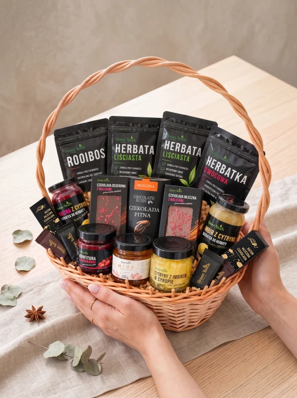 Kosz prezentowy deluxe z herbatami, czekoladami, miodem i przetworami