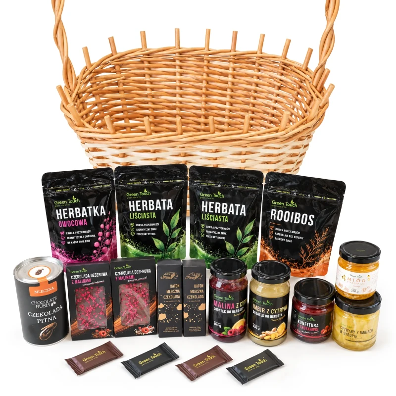 Kosz prezentowy deluxe z herbatami, czekoladami, miodem i przetworami