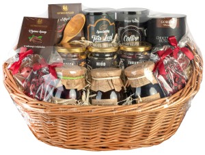 Wiklinowy kosz prezentowy zestaw miodów herbat