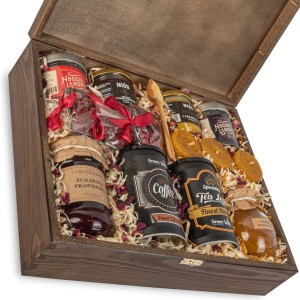 Skrzynka prezentowa podziękowanie zestaw herbata, kawa, słodycze i świece