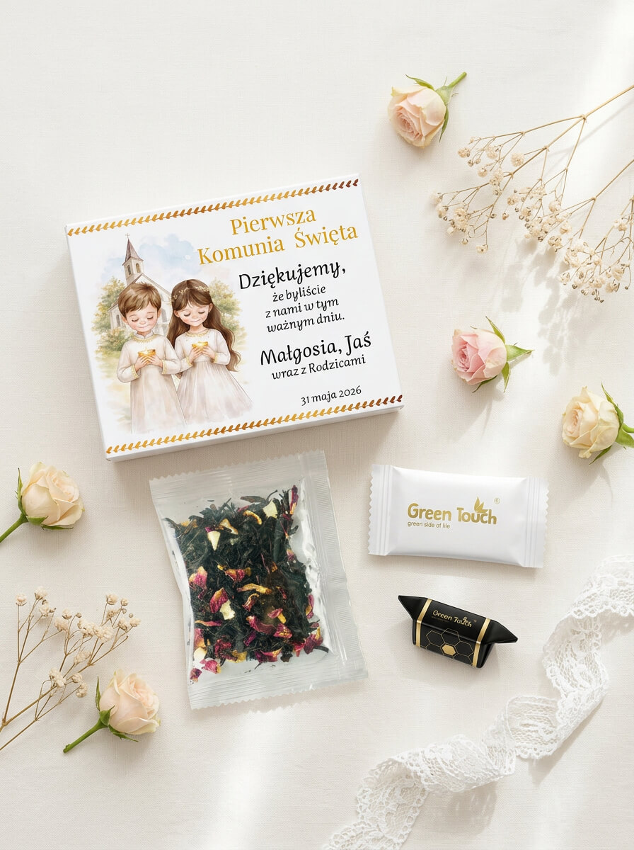 Podziękowanie dla gości upominek ślub wesele komunia chrzest zestaw herbata krówka czekolada w pudełku z nadrukiem (1).jpeg