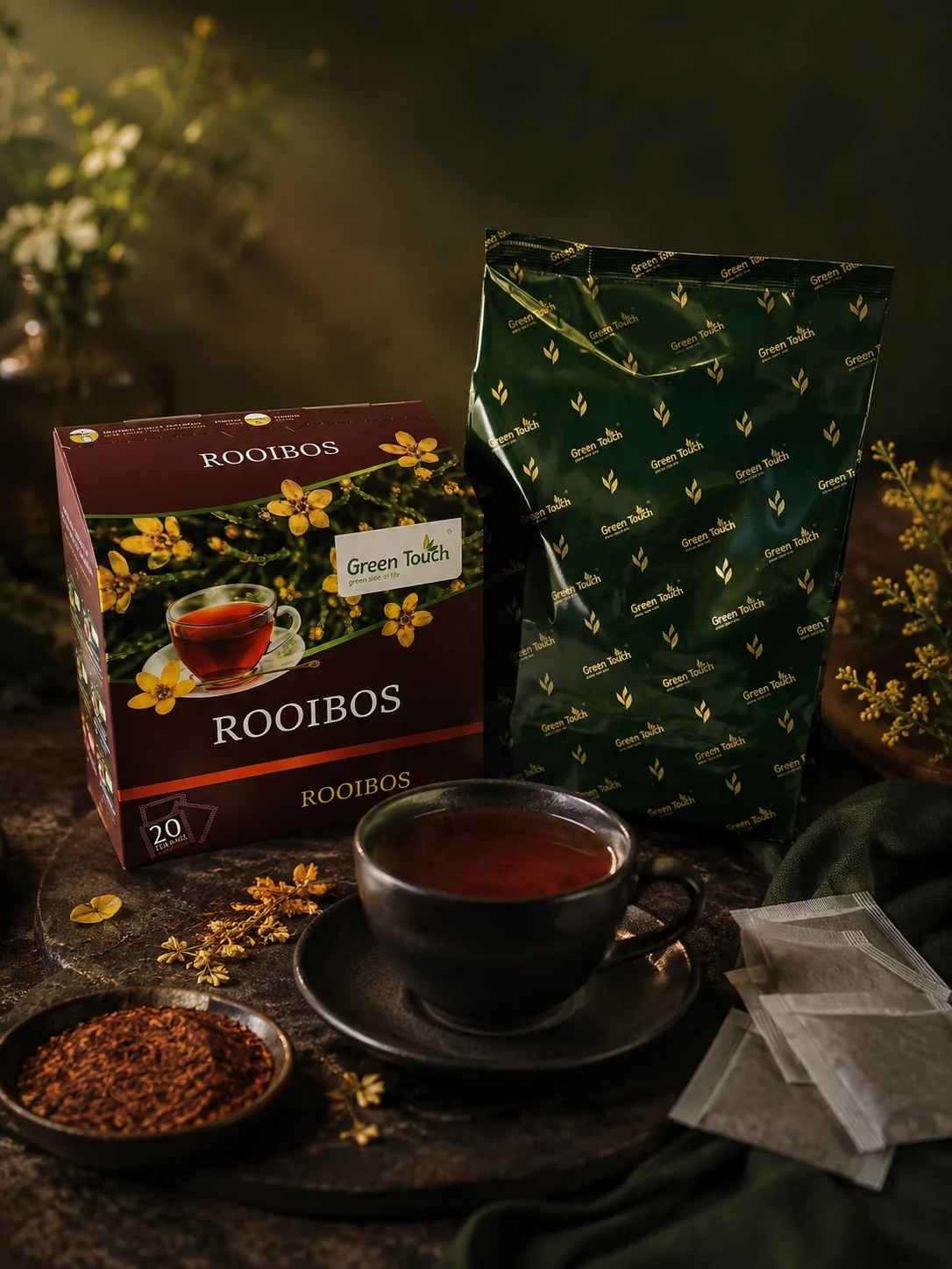 Green Touch Rooibos z zielonym workiem wewnętrznym, filiżanką, filtrami i żółtymi kwiatami.
