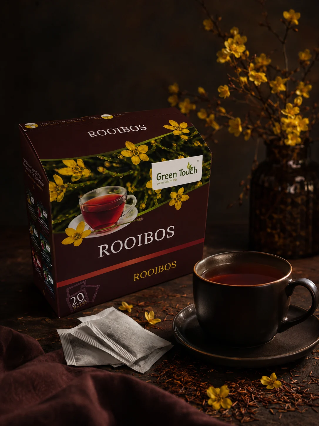 Green Touch Rooibos przy filiżance, filtrach i gałązkach z żółtymi kwiatami.