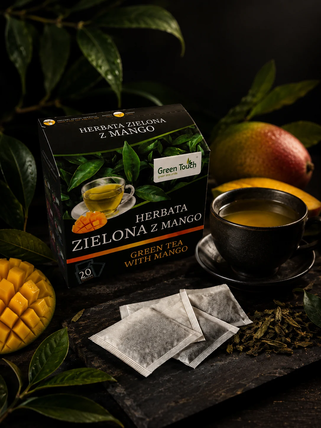 Green Touch - pudełko herbaty Zielona z mango obok ciemnej filiżanki, filtrów i kawałków mango.