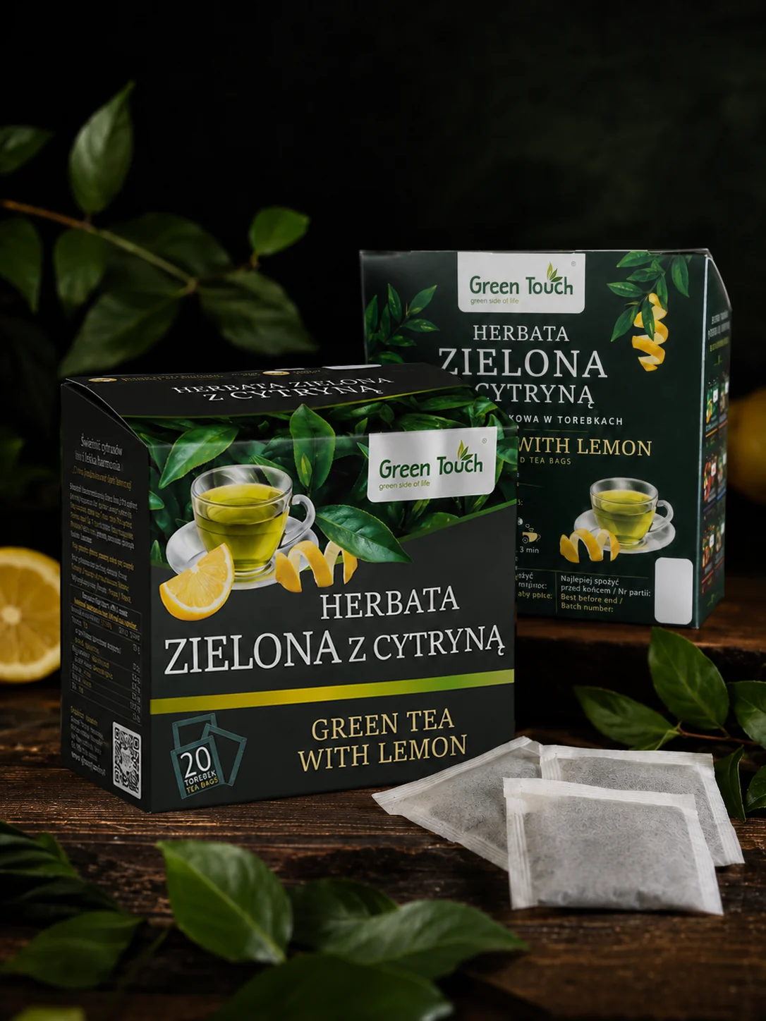 Green Touch - opakowanie Zielona z cytryną z przodu i z tyłu, cytryna oraz filtry.