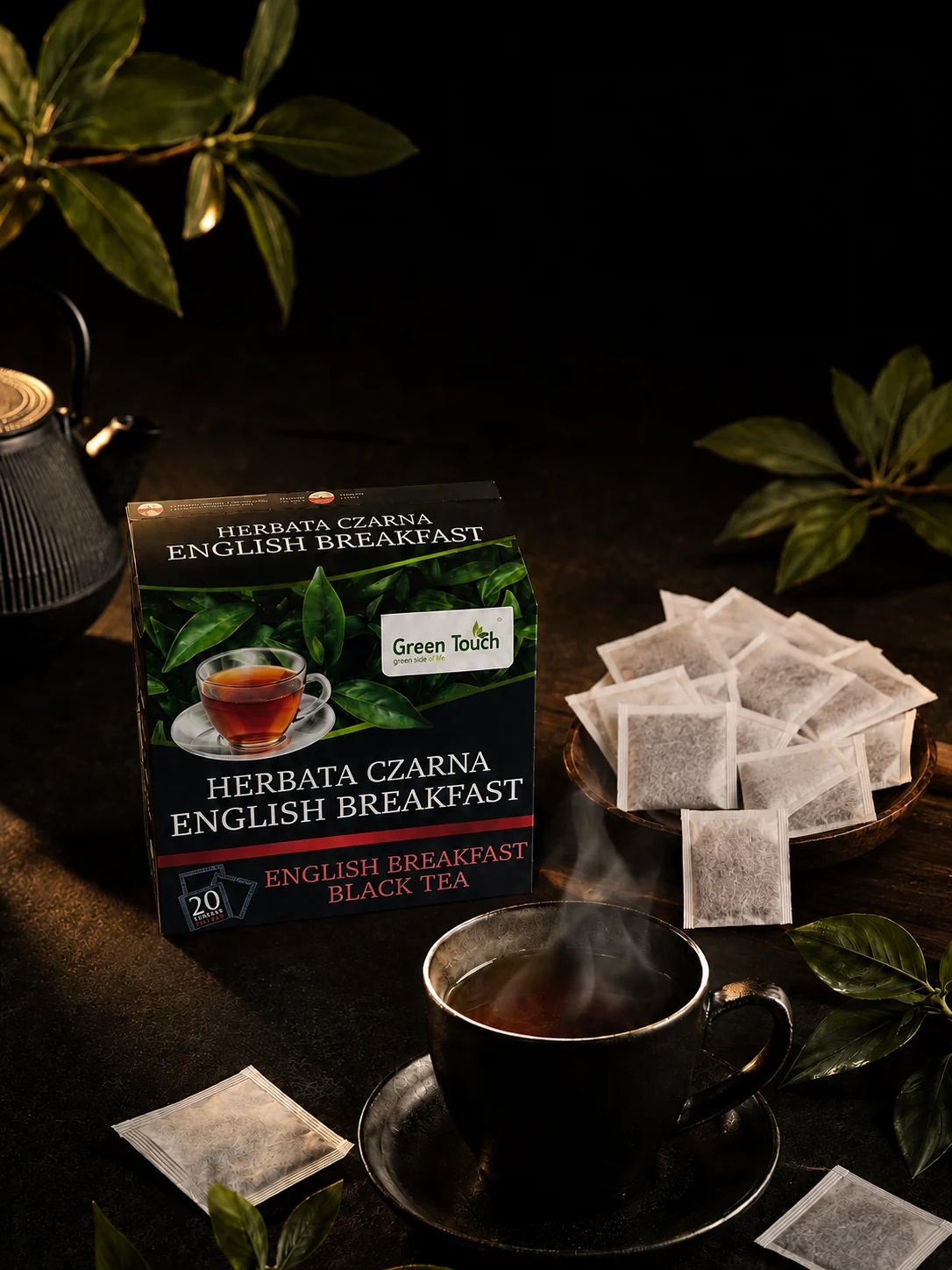 Green Touch English Breakfast przy filiżance i miseczce z filtrami.