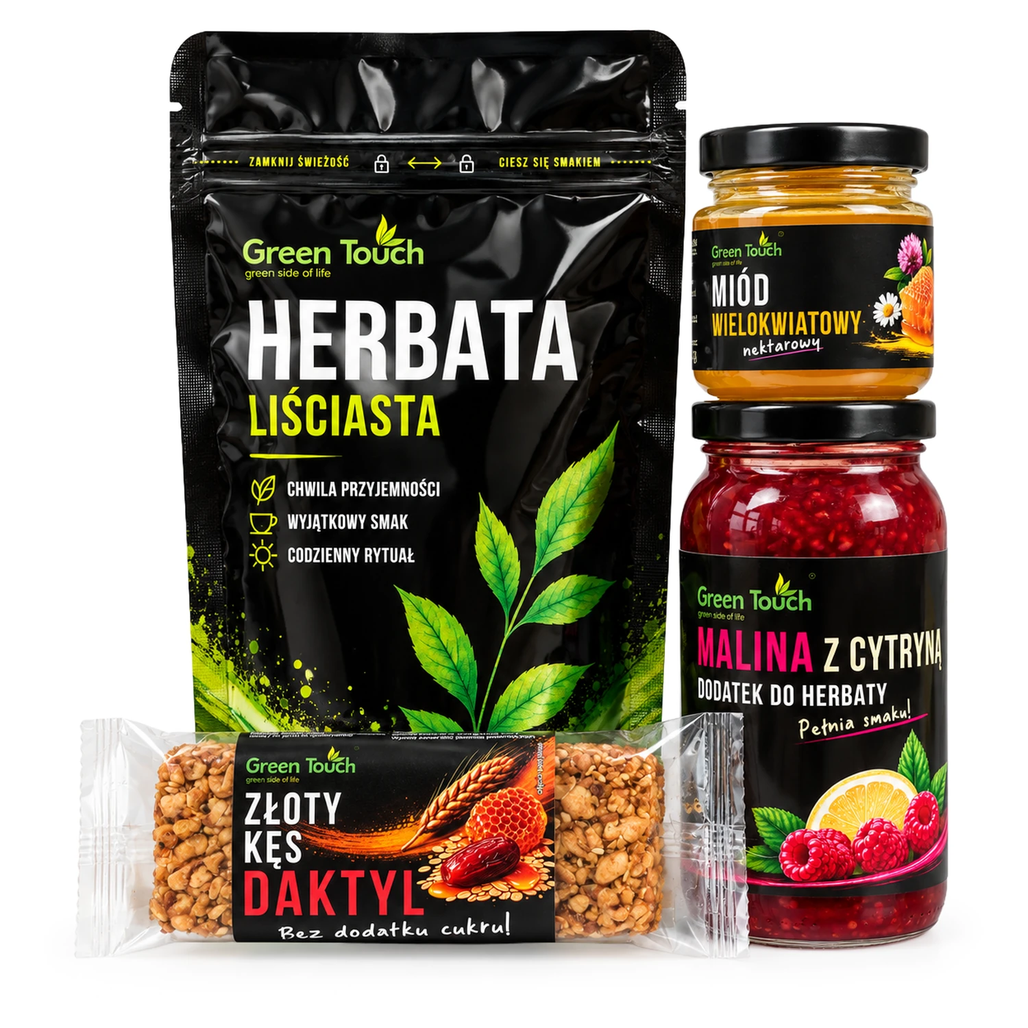 Produkty zestawu BX01: herbata, miód, malina z cytryną i baton