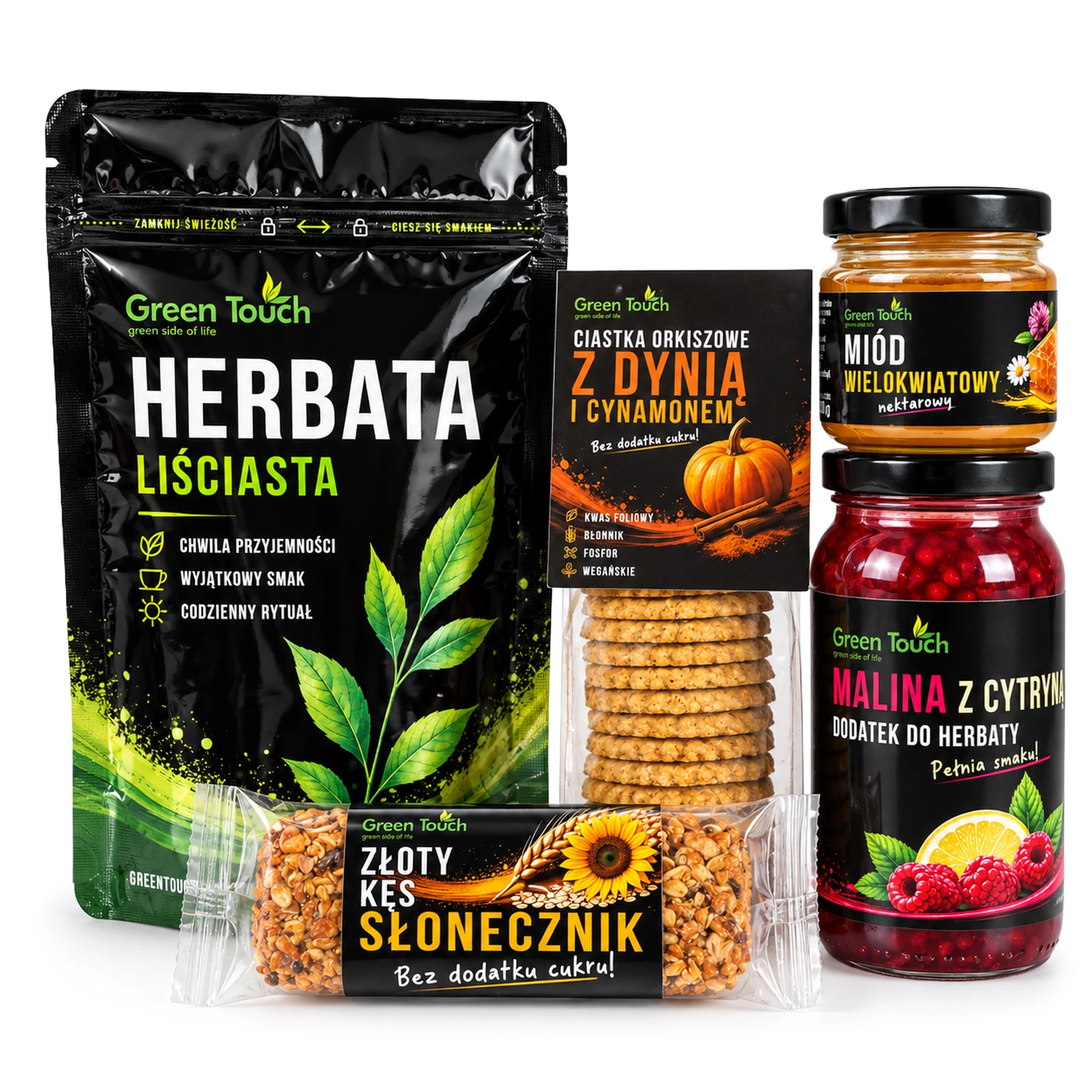 Produkty w zestawie BX02: herbata, ciastka, malina, miód i baton