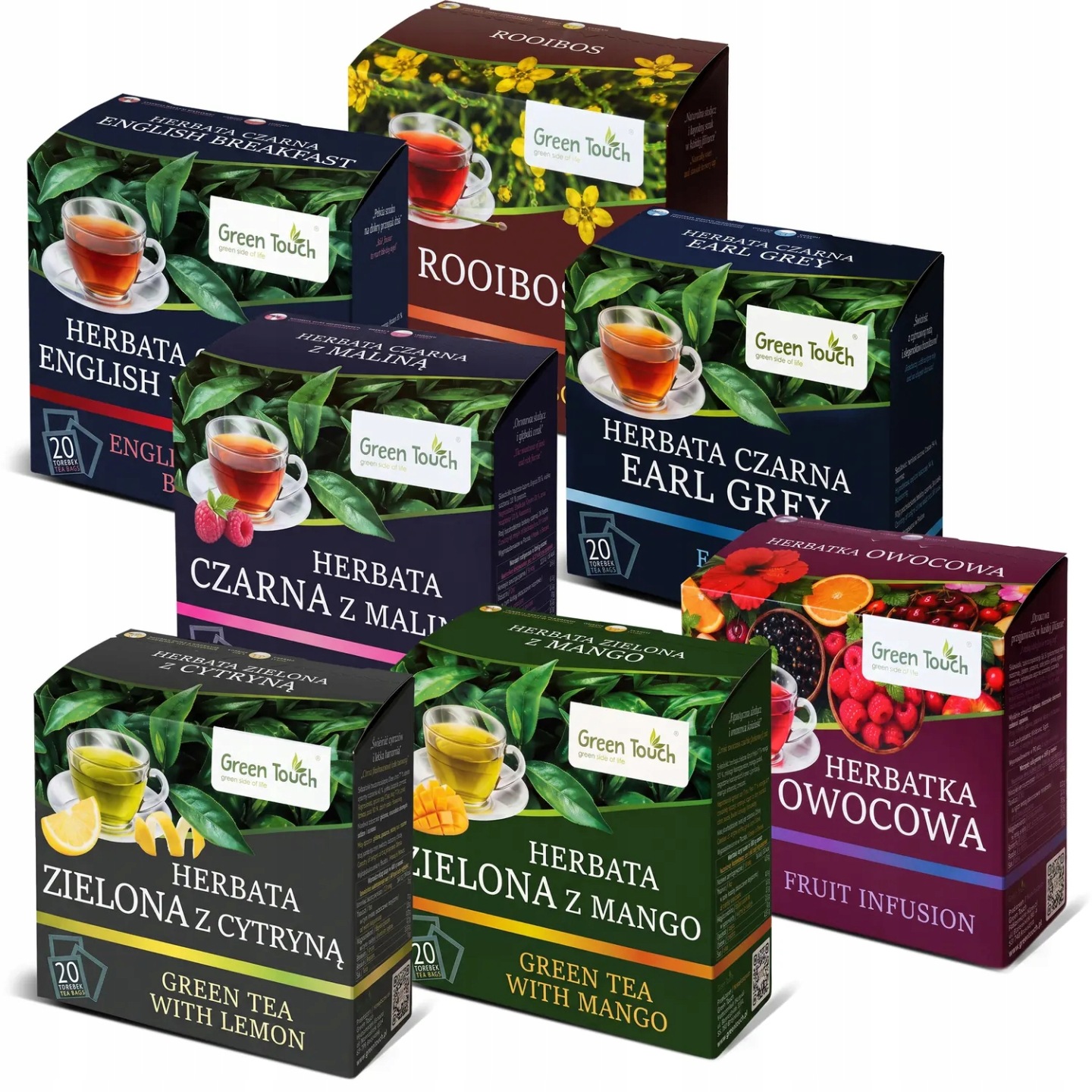 Siedem kartoników herbat i naparów Green Touch: Earl Grey, English Breakfast, czarna z maliną, zielona z cytryną, zielona z mango, owocowa i rooibos.