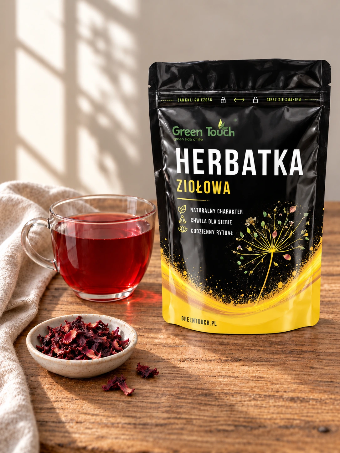 Hibiskus – aranżacja z torebką herbatki ziołowej