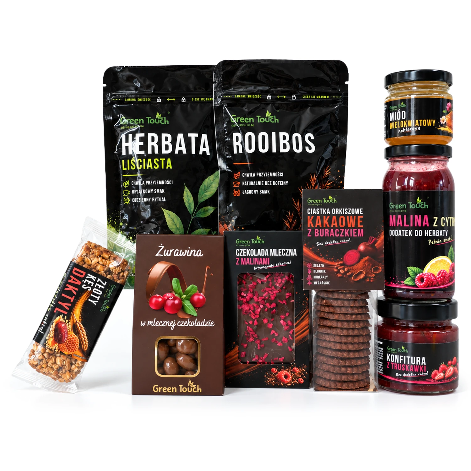 Zestaw prezentowy z czarną herbatą, rooibosem, miodem i słodyczami Green Touch BX26 — produkty w zestawie