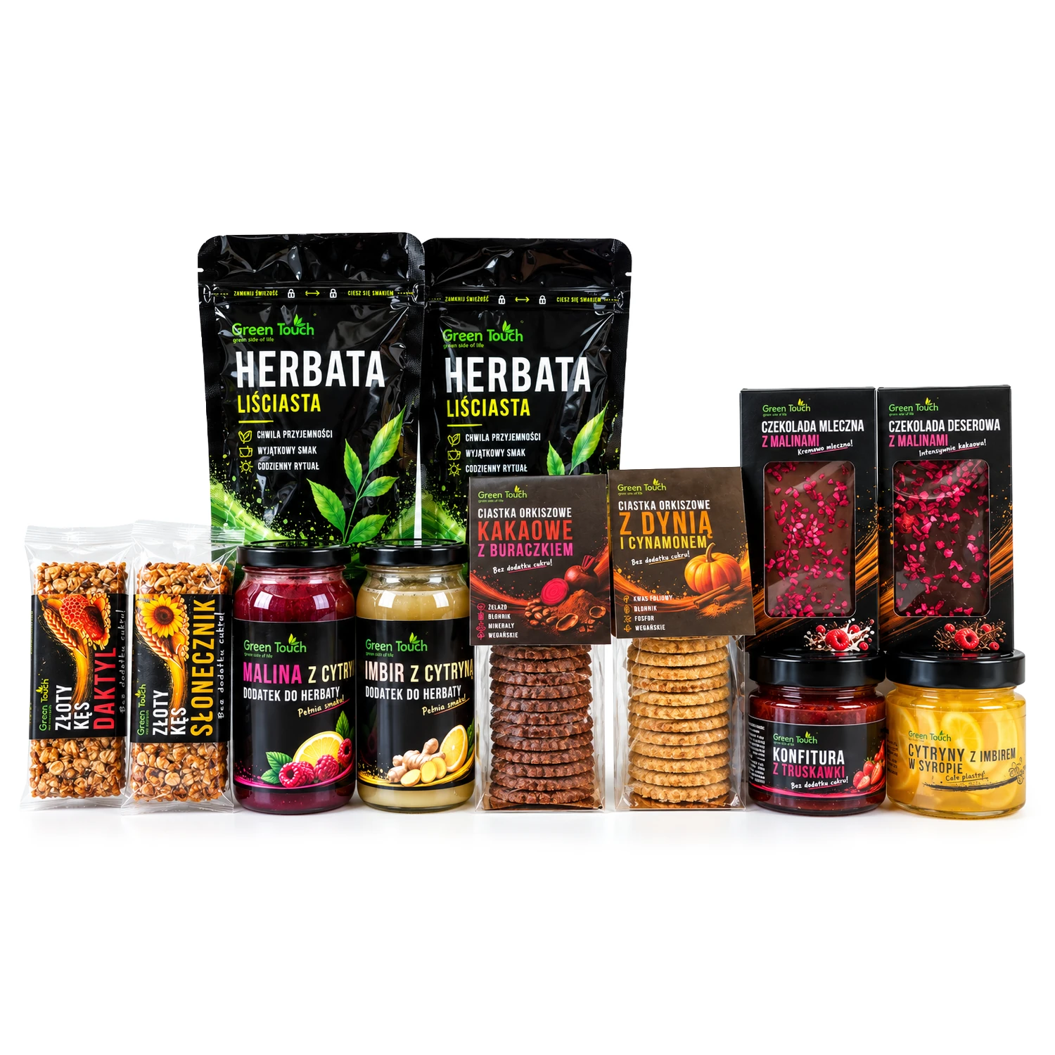 Zestaw prezentowy z czarną herbatą, czekoladami i owocowymi przetworami Green Touch BX27 — produkty w zestawie