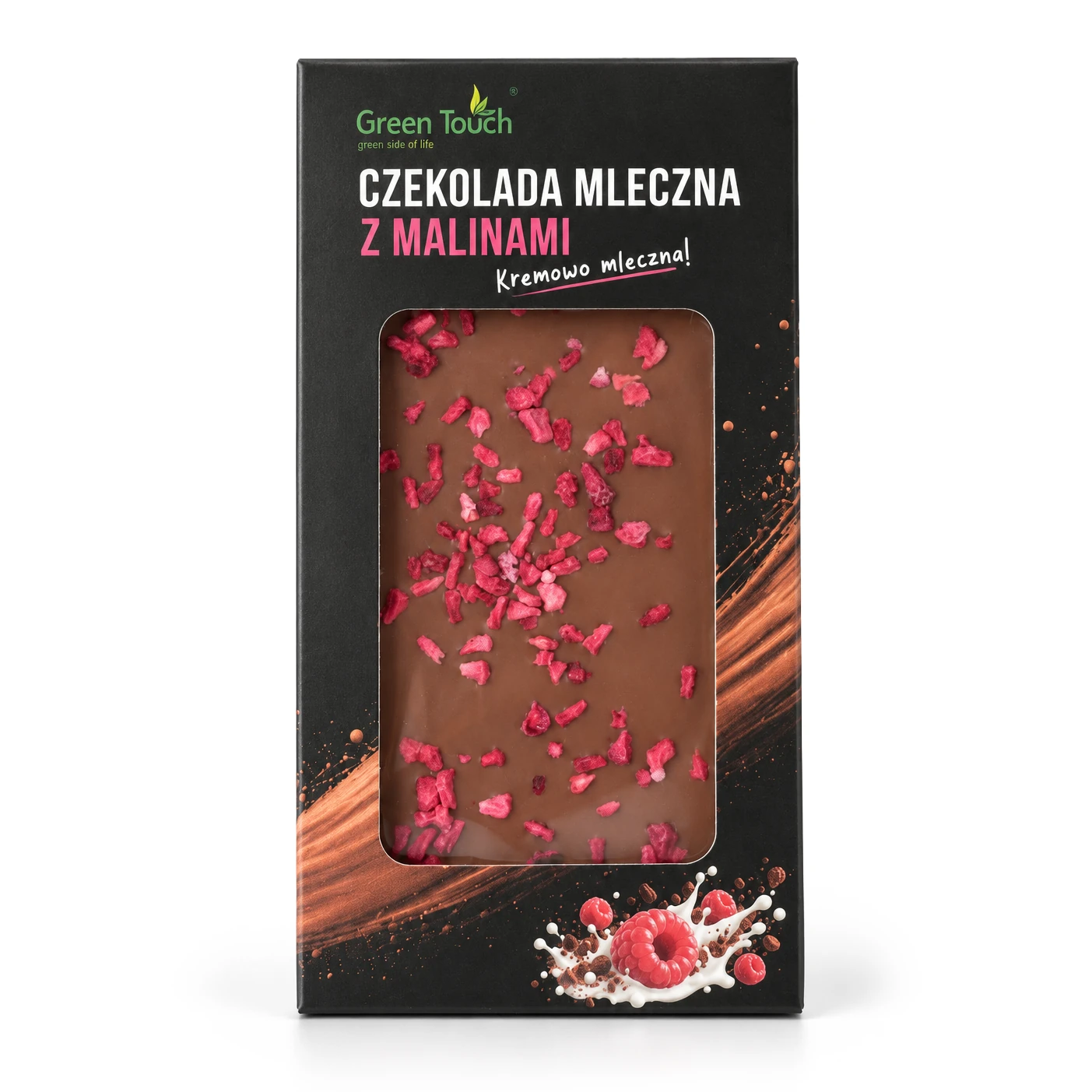 Opakowanie na białym tle — Czekolada mleczna z malinami liofilizowanymi 50 g - Green Touch