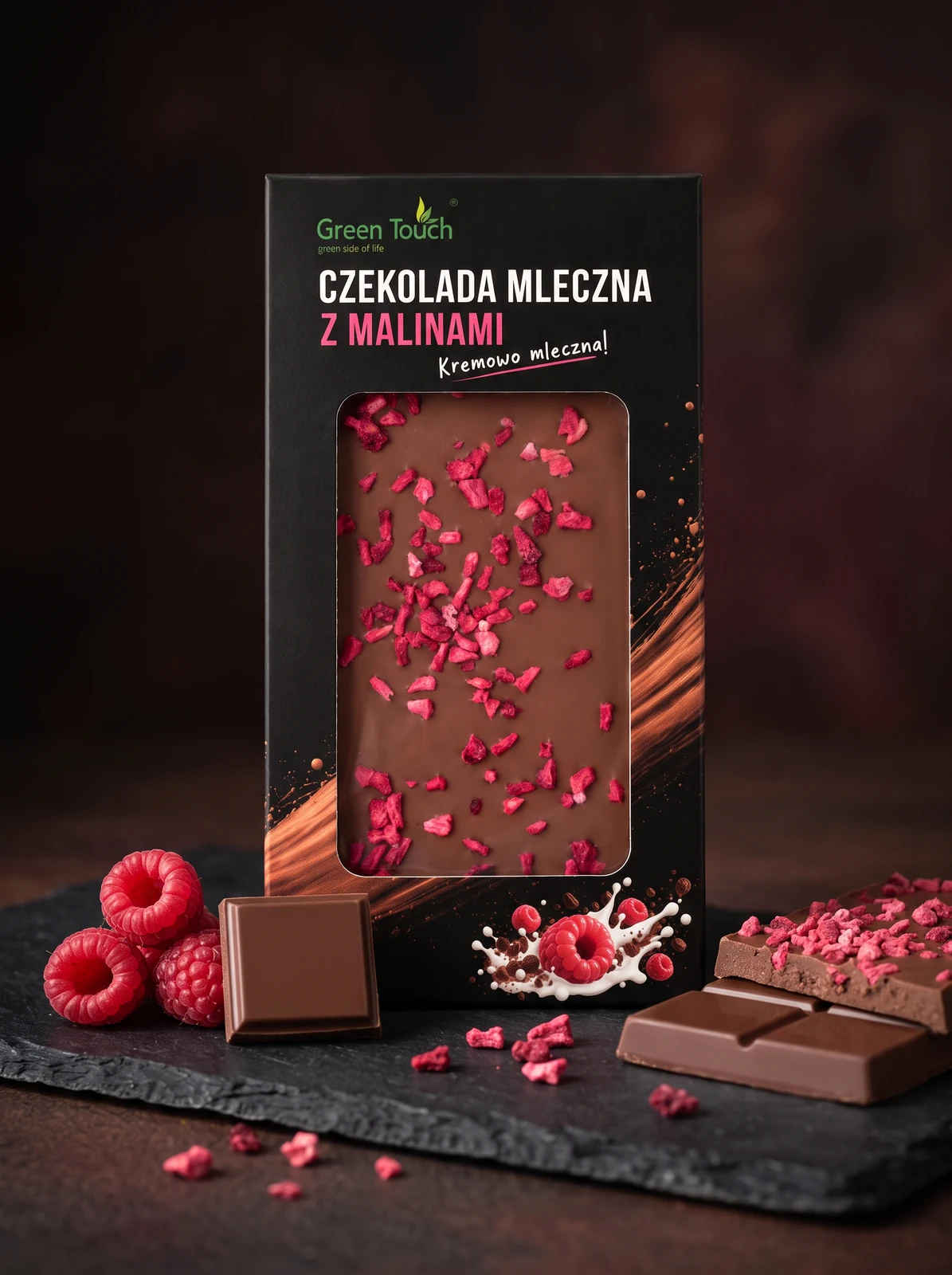 Aranżacja produktu — Czekolada mleczna z malinami liofilizowanymi 50 g - Green Touch