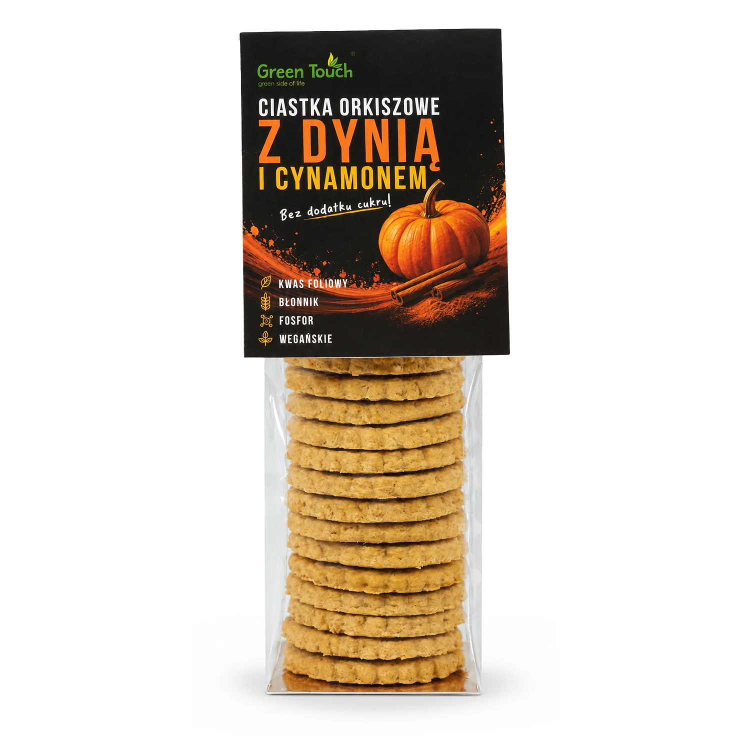 Opakowanie na białym tle — Ciastka orkiszowe z dynią i cynamonem 100 g, bez dodatku cukru - Green Touch
