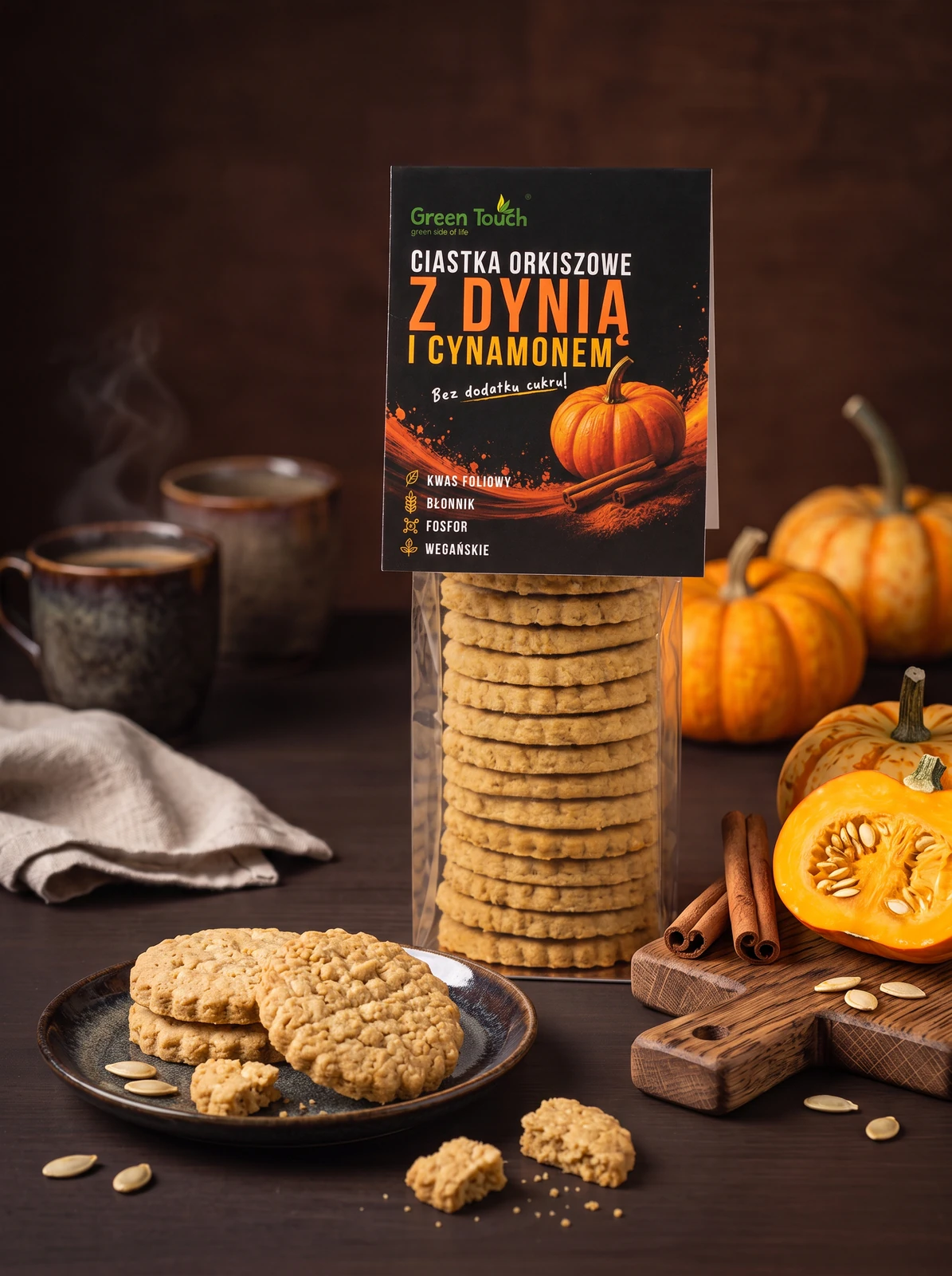 Aranżacja produktu — Ciastka orkiszowe z dynią i cynamonem 100 g, bez dodatku cukru - Green Touch