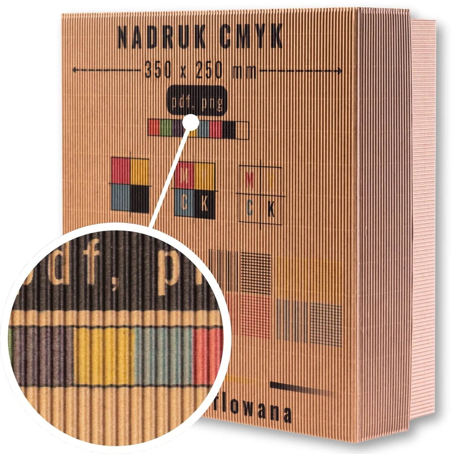 Przykład nadruku CMYK na kraftowym pudełku BX 35 × 25 cm – projekt 350 × 250 mm, bez białego poddruku