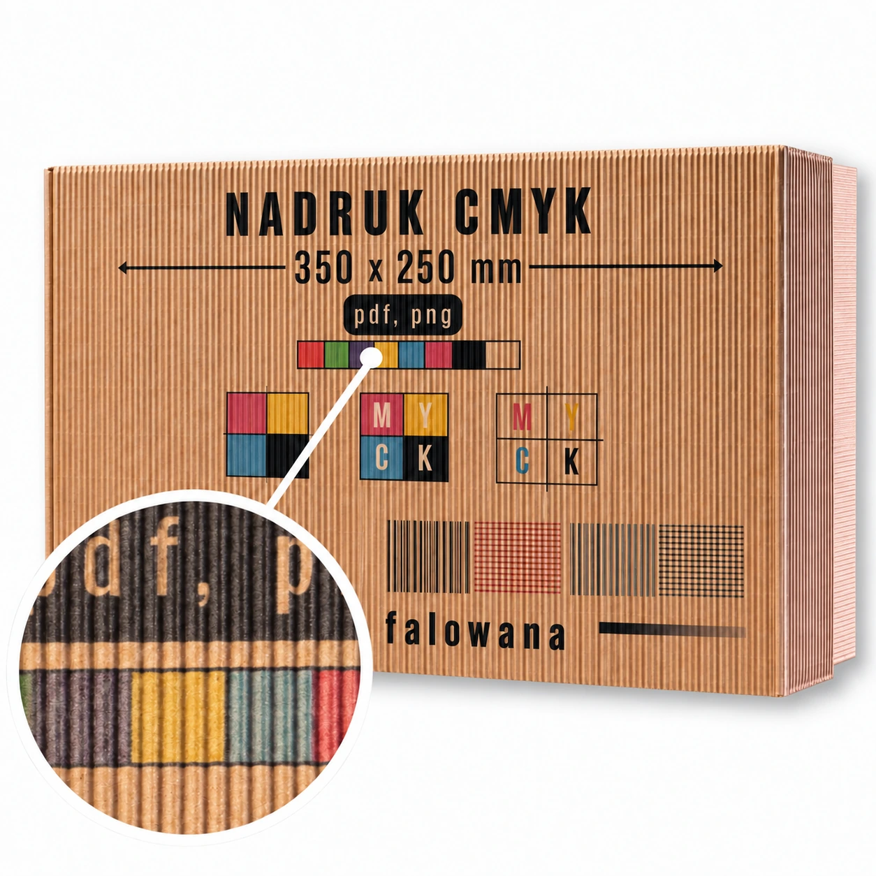 Przykład nadruku CMYK na kraftowym wieku pudełka BDD 35 × 25 cm, projekt 350 × 250 mm