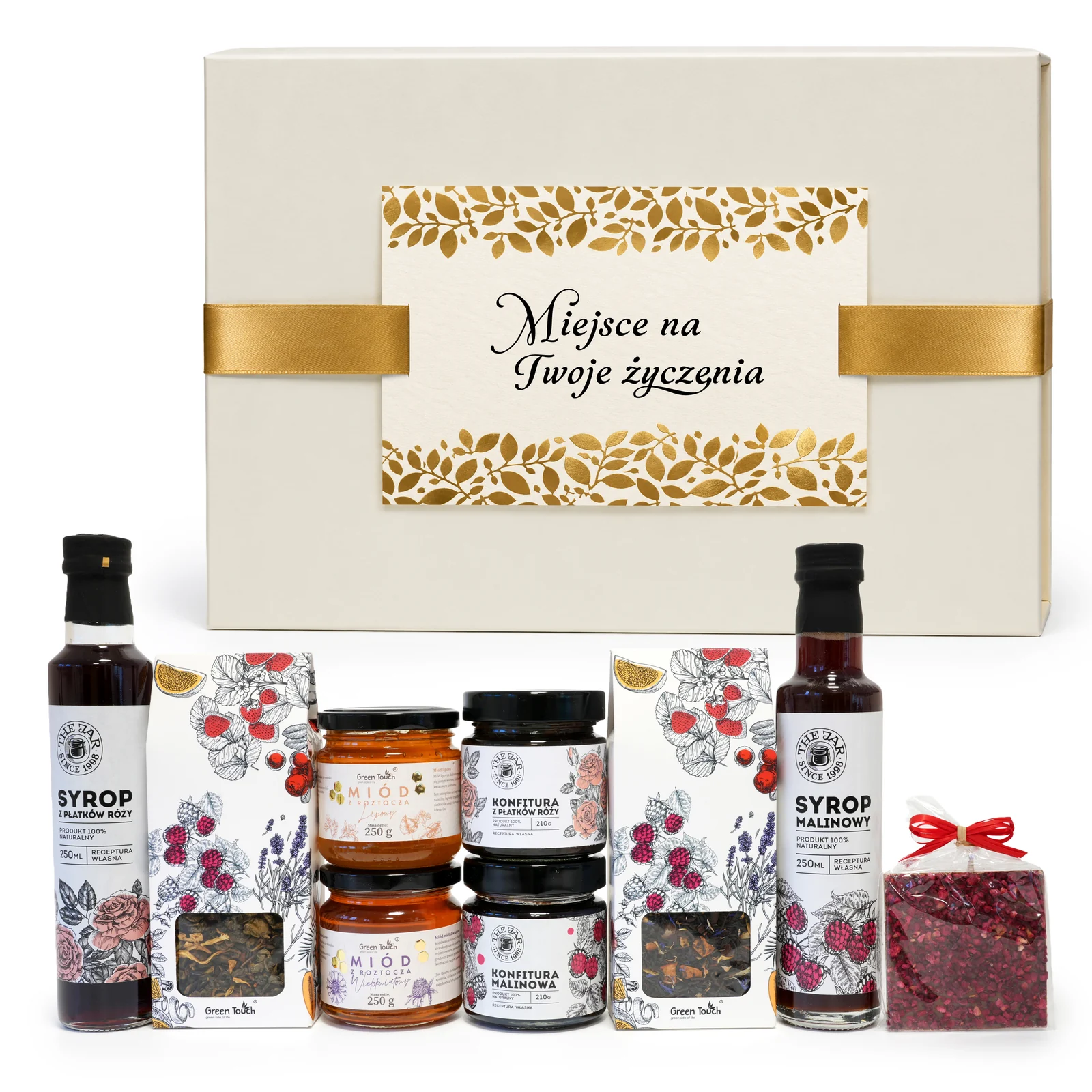 Skrzynka prezentowa premium L3_6 w kolorze kości słoniowej z herbatami, miodami, konfiturami i syropami